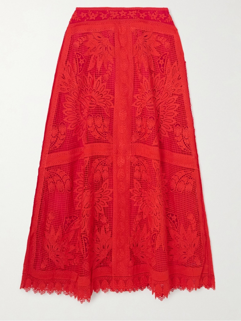 FARM Rio Toucan Red Guipure Crochet Midi Skirt - Picture 3 of 13